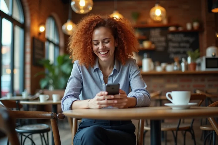 Femme hilare dans un café regardant des actualités insolites sur son smartphone avec un café et un décor vintage