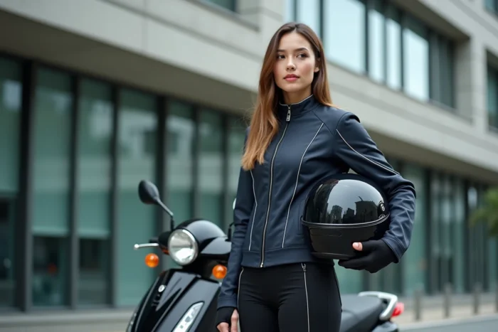 Jeune femme en veste de moto tenant son casque à côté d'un scooter 125cc en milieu urbain, représentant les conditions d'accès à la conduite d'une 125 avec le permis B