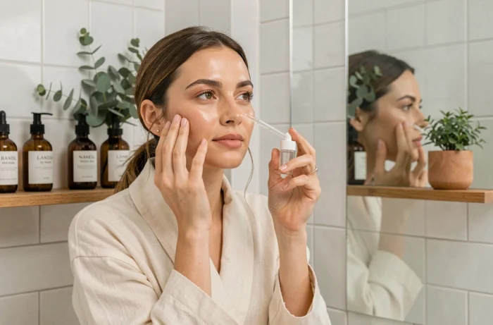 Femme aux soins naturels appliquant un sérum visage dans une salle de bain minimaliste scandinave
