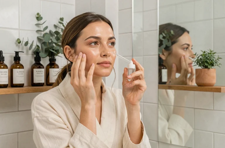 Femme aux soins naturels appliquant un sérum visage dans une salle de bain minimaliste scandinave