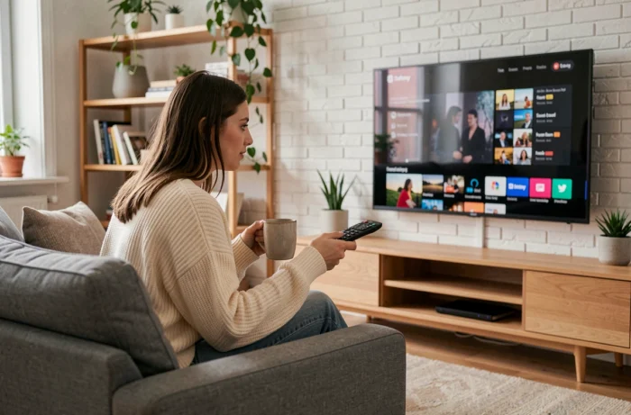 Jeune femme naviguant sur une plateforme de streaming depuis son canapé avec une télécommande à la main