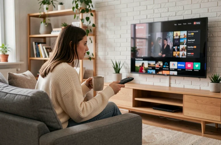 Jeune femme naviguant sur une plateforme de streaming depuis son canapé avec une télécommande à la main