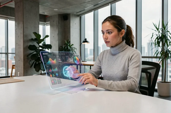 Femme utilisant une tablette technologique avancée dans un bureau moderne en 2024, tendances innovation numérique