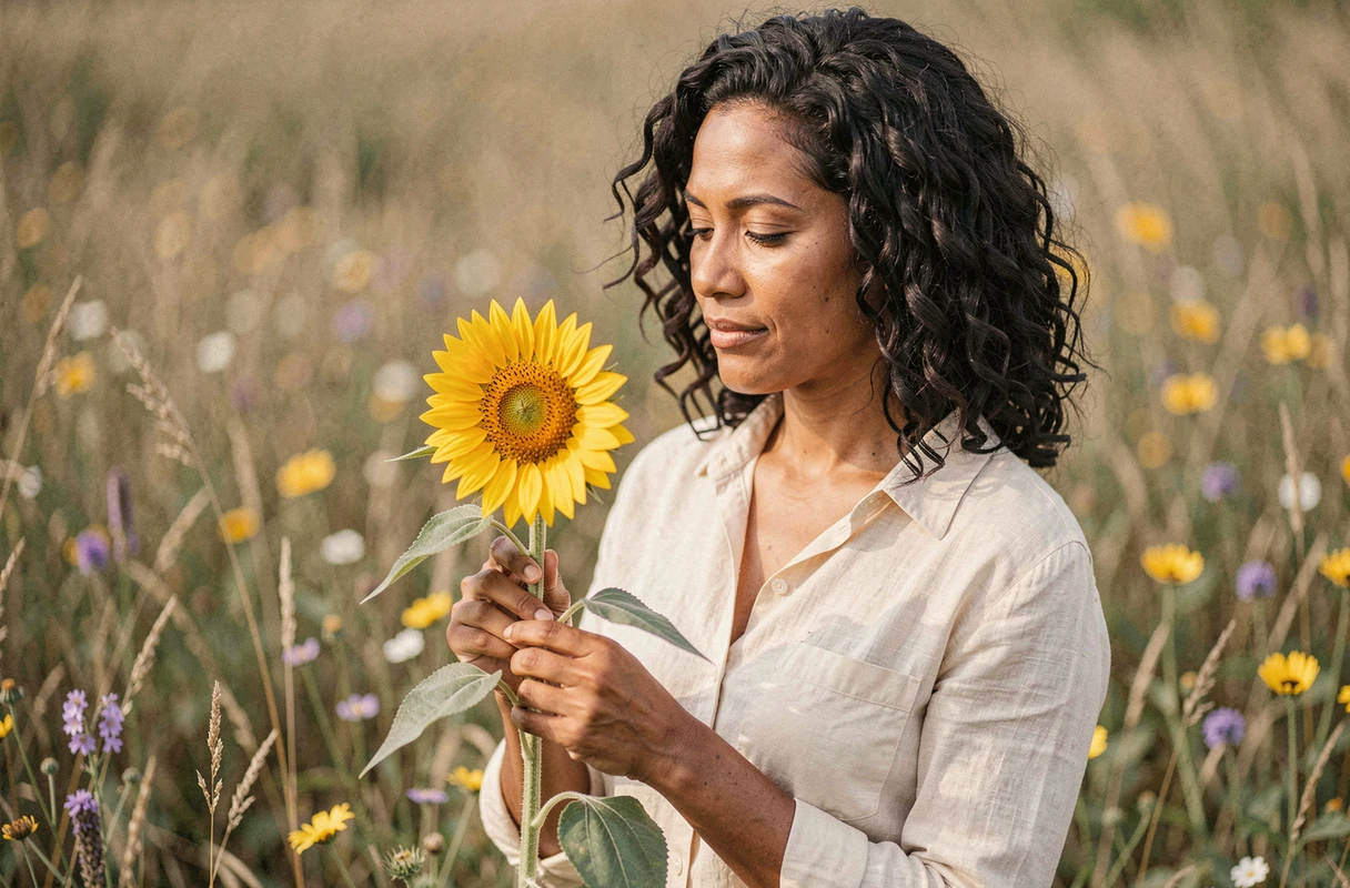 Femme tenant un tournesol dans un champ de fleurs sauvages, symbolisant la force intérieure et la persévérance