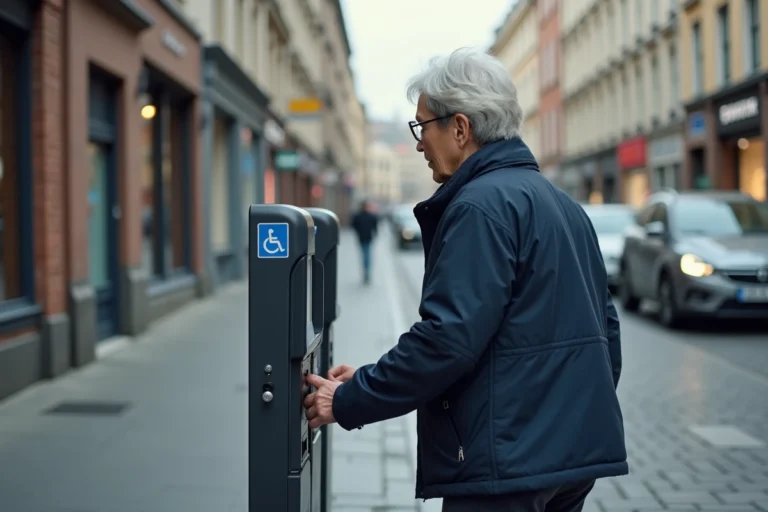 Femme appuyant sur la touche handicapé d'un horodateur en ville