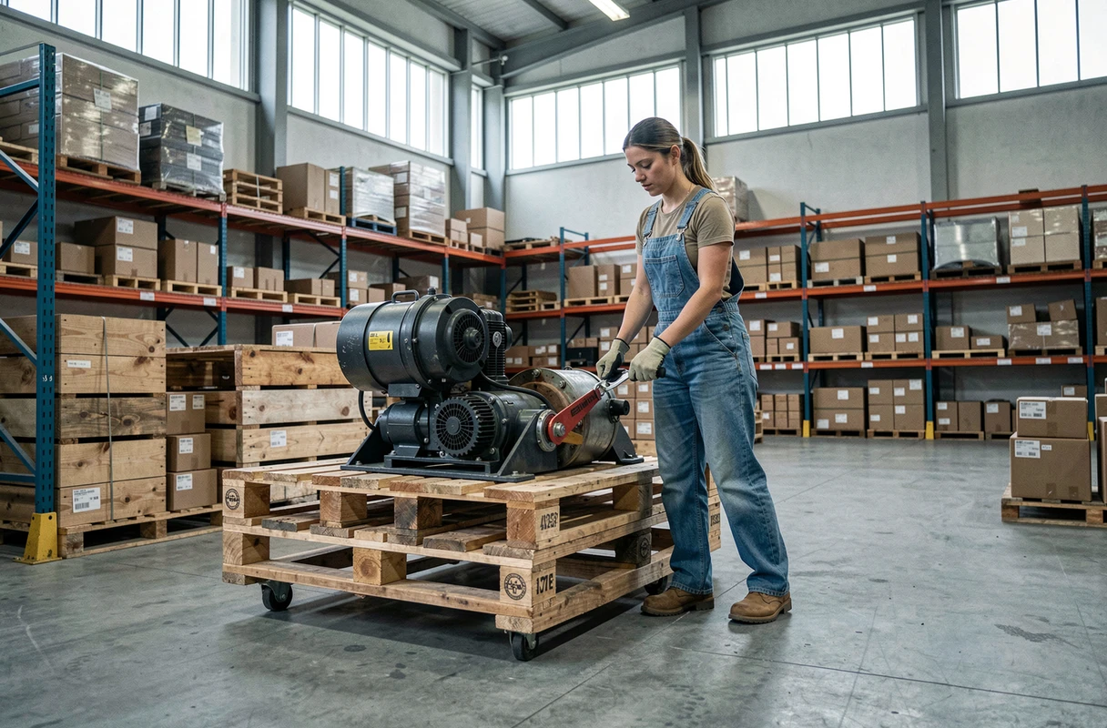 Femme opératrice utilisant un tire fort à rochet pour sécuriser une palette lourde dans un entrepôt industriel