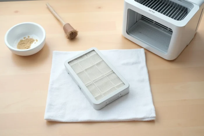 Filtre de mini rafraîchisseur d'air Silvercrest nettoyé posé sur une serviette blanche à côté de l'appareil démonté