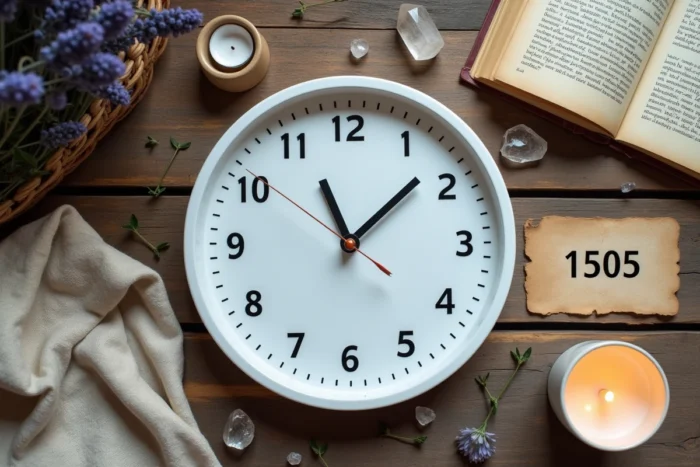 Vue aérienne d'un plateau spirituel avec une horloge indiquant 15h05, cristaux, lavande et livres de numérologie sur bois rustique