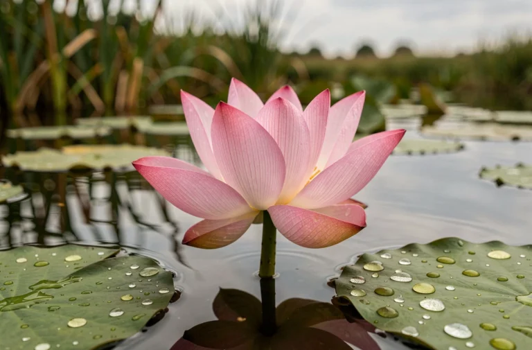 Fleur de lotus rose en pleine floraison émergeant de l'eau sombre, symbole de résilience et d'espoir dans la nature