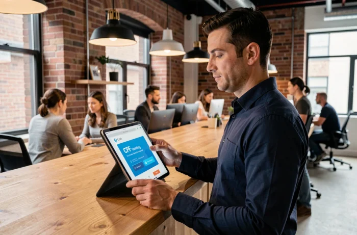 Homme tenant un iPad offert à l'inscription à une formation CPF dans un espace de coworking