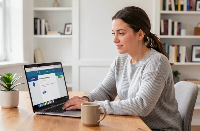 Femme suivant une formation CPF en ligne sur un MacBook dans un bureau à domicile moderne