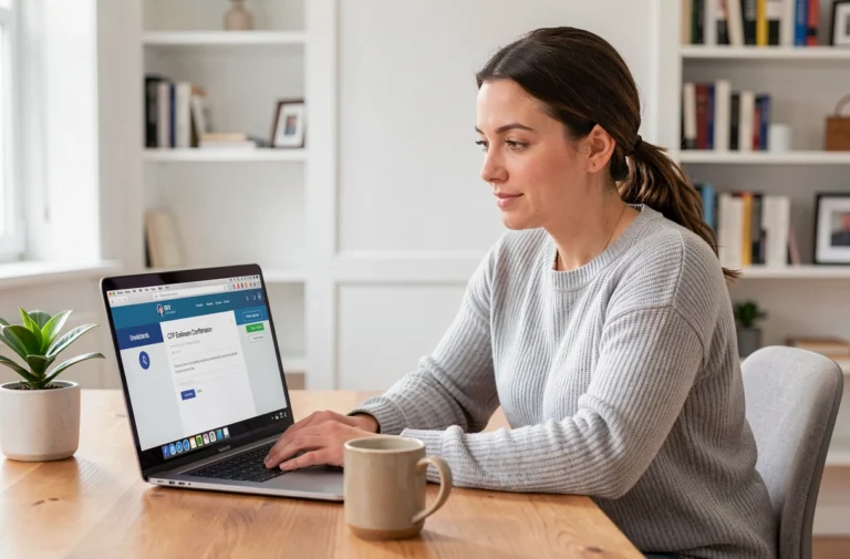 Femme suivant une formation CPF en ligne sur un MacBook dans un bureau à domicile moderne