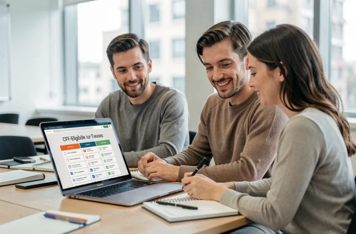 Deux adultes consultant un catalogue de formations CPF éligibles sur un MacBook en salle de cours