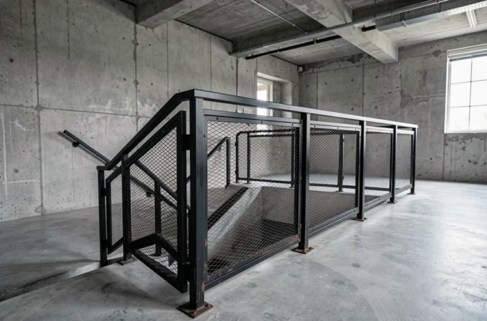 Garde-corps en métal déployé à style industriel le long d'un escalier de loft en béton