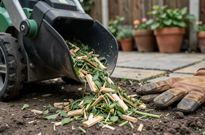 Gros plan sur la trémie et les copeaux de bois produits par un broyeur de végétaux