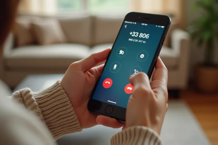Gros plan d'un écran de smartphone affichant un numéro +33 806 tenu dans les mains dans un salon cosy