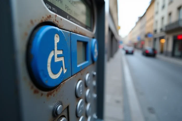 Gros plan sur la touche handicapé bleue d'un horodateur avec symbole fauteuil roulant