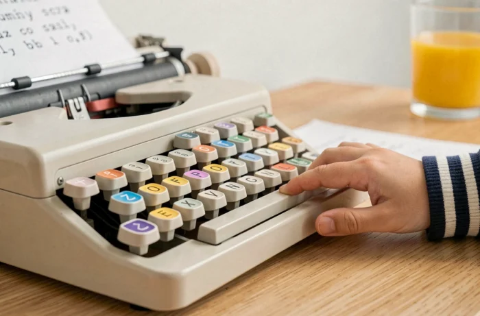 Gros plan sur les touches colorées d'une machine à écrire jouet pour enfant avec une feuille de papier partiellement tapée