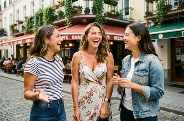 Groupe de trois jeunes femmes souriantes et diverses discutant joyeusement dans une rue urbaine animée avec terrasse de café