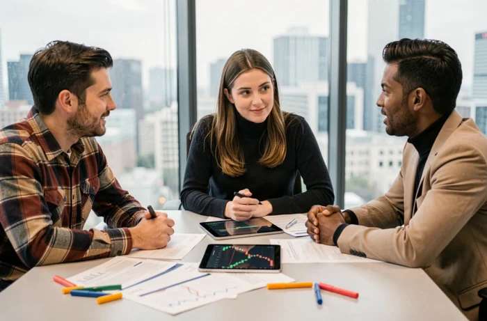 Groupe de professionnels discutant de stratégies d'investissement en bourse autour d'une table avec des rapports financiers et des graphiques