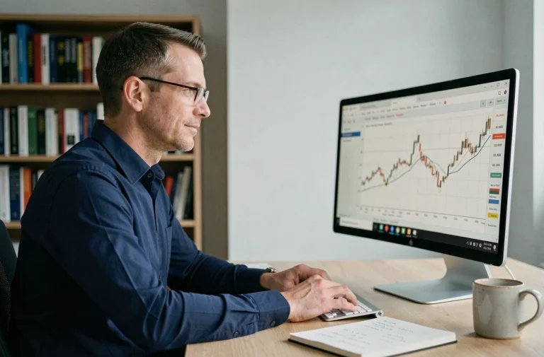 Homme analysant des graphiques boursiers sur un écran d'ordinateur dans un bureau moderne, illustrant une stratégie d'investissement en bourse