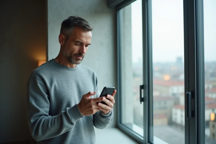 Homme analysant un appel entrant d'un numéro +33 806 depuis son appartement avec vue sur la ville