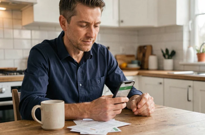 Homme utilisant une application de finances personnelles sur smartphone à une table de cuisine