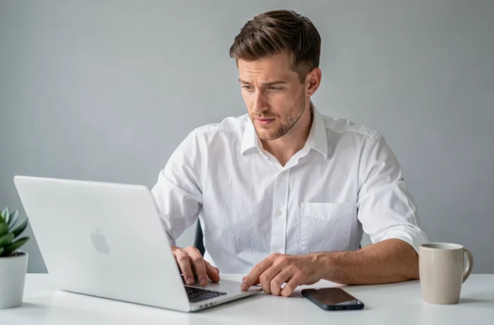 Homme au bureau à domicile consultant Snapchat sur smartphone et ordinateur, illustrant la gestion des notifications et du statut en ligne
