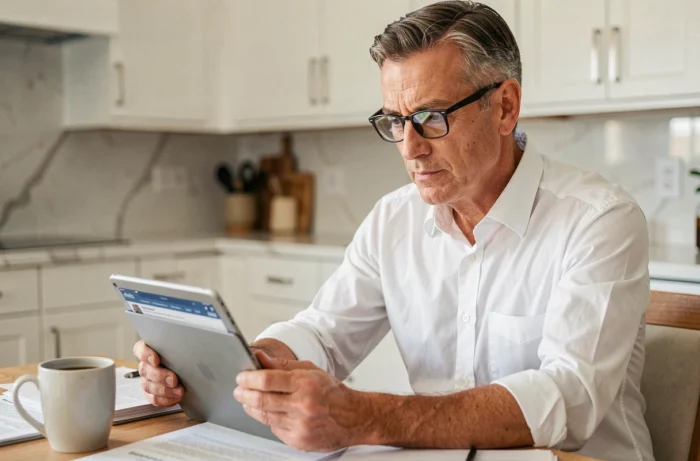 Homme consultant des offres d'assurance emprunteur sur tablette dans sa cuisine