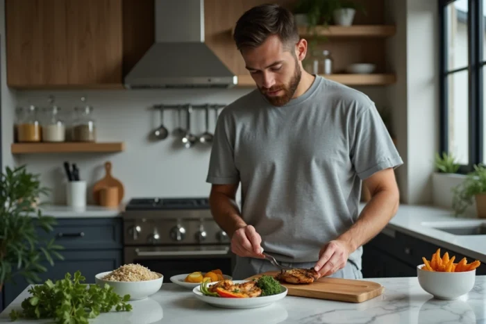 Homme préparant un dîner sain et léger avec poulet grillé, légumes rôtis et riz complet dans une cuisine moderne
