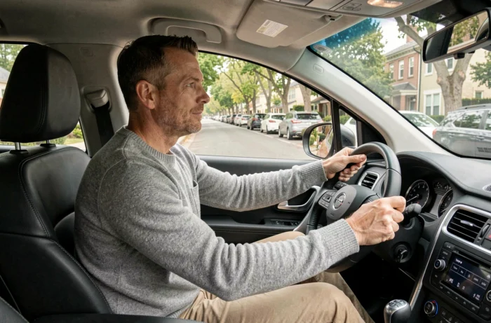 Homme au volant d'un SUV compact lors d'un essai routier pour évaluer ses performances avant achat