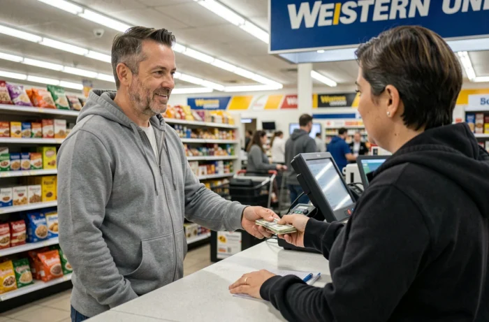 Homme remettant de l'argent liquide à un guichetier Western Union dans un commerce de proximité