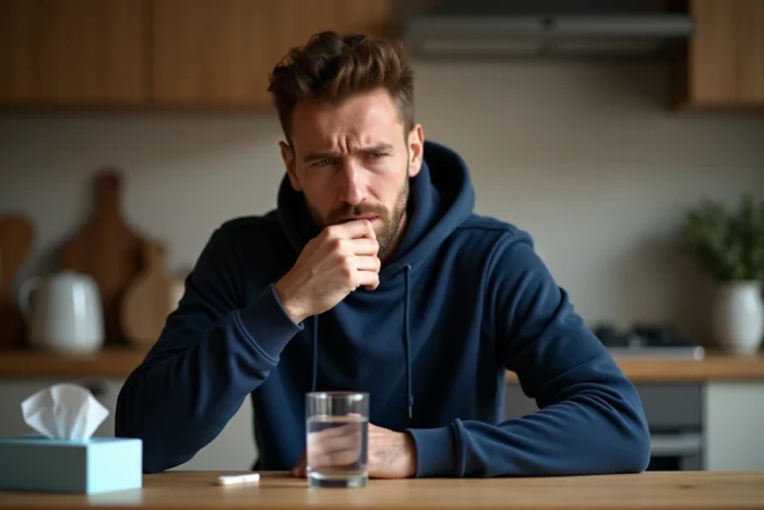 Homme souffrant d'un mal de gorge à la maison tenant un verre d'eau avec une expression de douleur et de fatigue