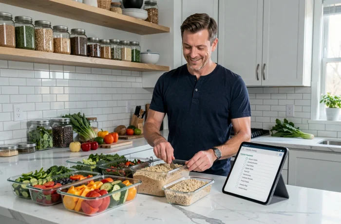 Homme préparant des repas en avance dans une cuisine moderne et organisée, avec des contenants colorés et une tablette affichant une liste de tâches pour gagner du temps