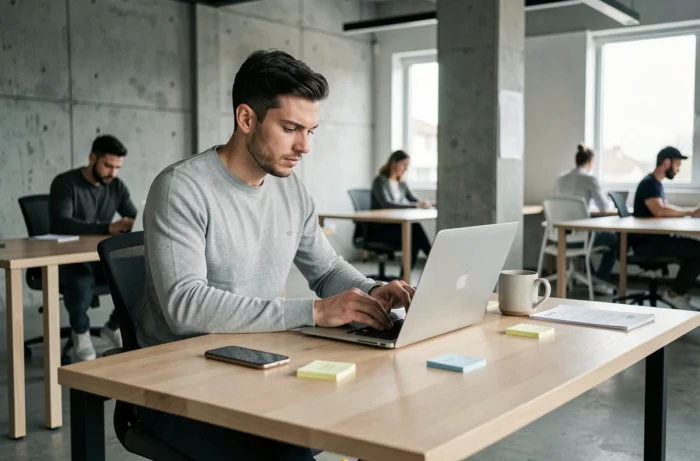Jeune homme concentré sur la mise à jour de son CV dans un espace de coworking moderne pour décrocher un emploi rapidement