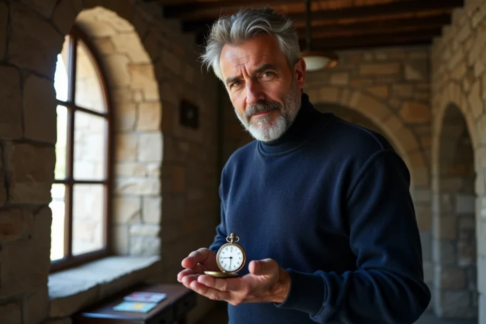 Homme tenant une montre de gousset antique affichant 15h05 dans un intérieur en pierre évoquant la spiritualité et la numérologie