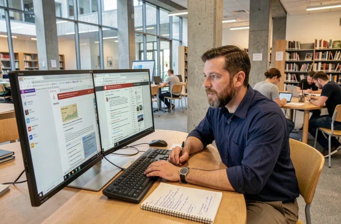 Homme prenant des notes sur des ressources web et technologiques dans une bibliothèque moderne