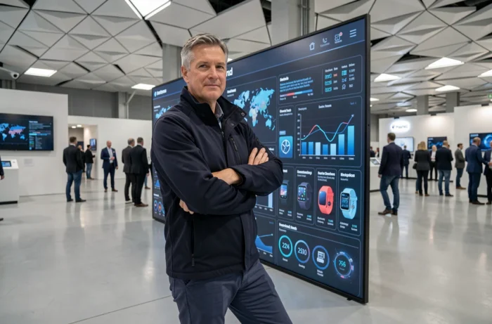 Homme professionnel devant un mur interactif de données technologiques lors d'une exposition d'innovation 2024