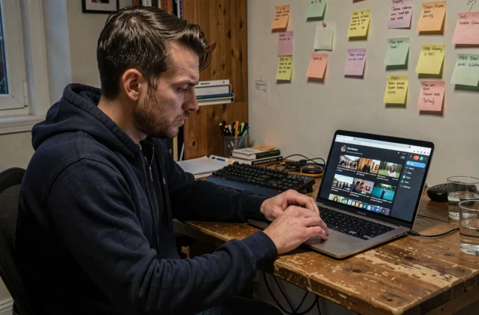 Homme concentré devant son ordinateur portable consultant une interface de streaming en alternative à Ozpov