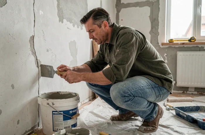Homme effectuant des réparations murales dans un salon en cours de rénovation