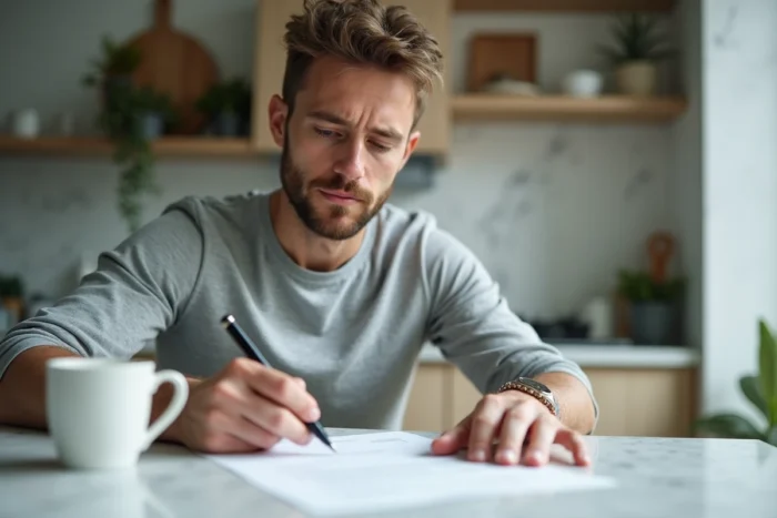 Homme signant une lettre de résiliation de contrat IAD dans un appartement moderne