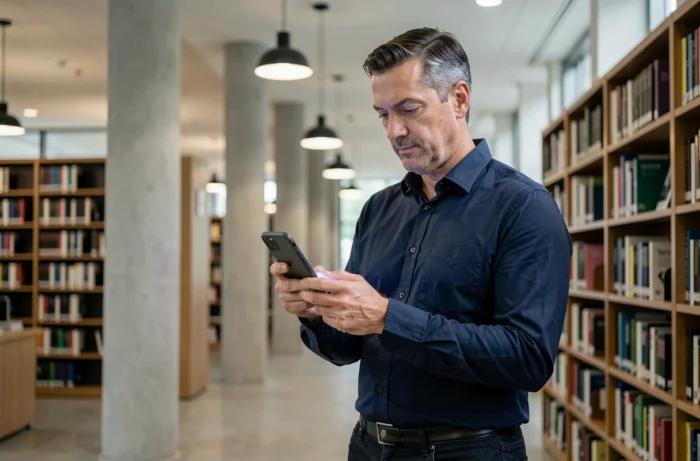 Homme consultant des réponses en ligne sur son smartphone dans une bibliothèque moderne