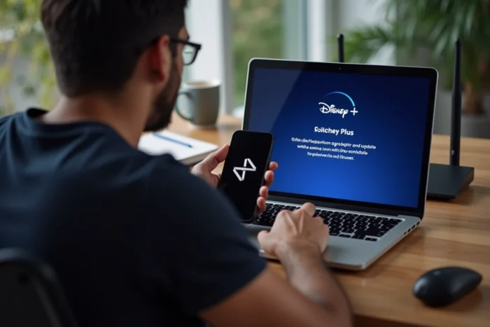 Homme cherchant une solution à une panne Disney Plus sur son ordinateur portable