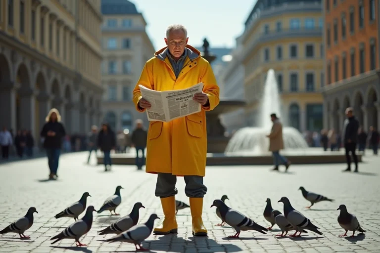 Homme surpris en imperméable jaune lisant un journal insolite sur une place de ville animée entourée de pigeons