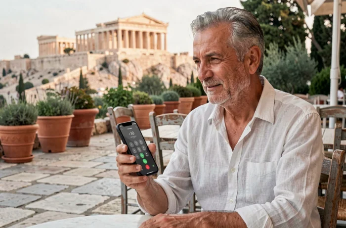 Homme grec utilisant un smartphone affichant l'indicatif +30 dans un café athénien avec l'Acropole en arrière-plan