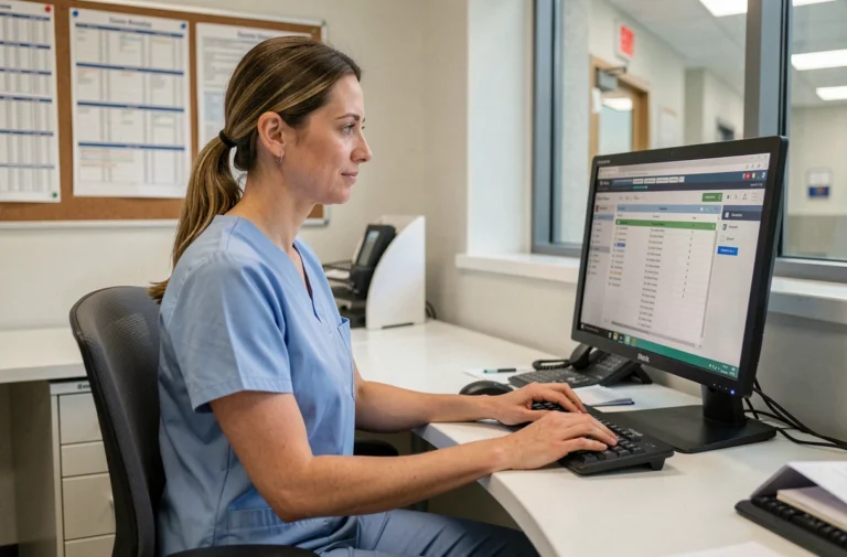 Infirmière hospitalière accédant au logiciel Chronos sur un ordinateur de bureau dans un bureau administratif du CHU