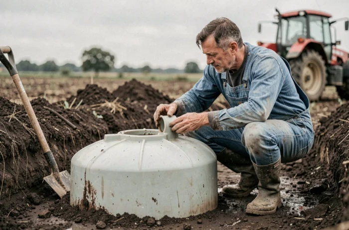 Agriculteur inspectant une cuve enterrée en polyéthylène pour la récupération d'eau de pluie dans un champ agricole