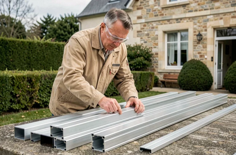 Artisan mesurant des profilés en aluminium pour l'installation d'une véranda sur mesure dans les Yvelines