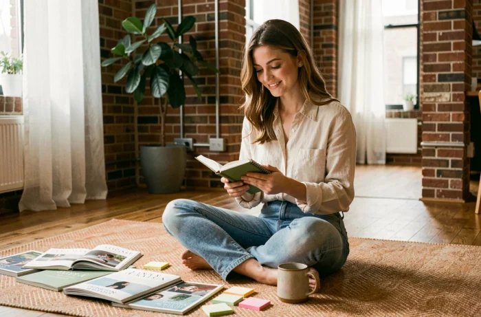 Jeune femme inspirante lisant un carnet de notes dans un appartement cosy aux murs en briques, entourée de magazines et de plantes