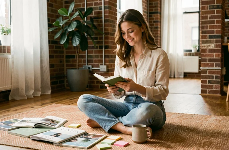 Jeune femme inspirante lisant un carnet de notes dans un appartement cosy aux murs en briques, entourée de magazines et de plantes